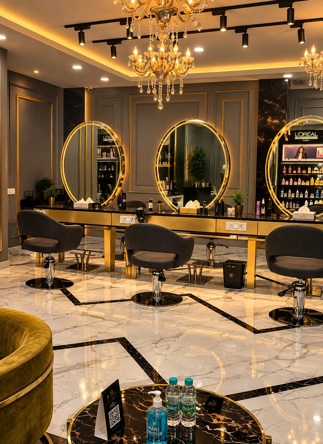Illuminated styling mirrors prepared for professional colour services